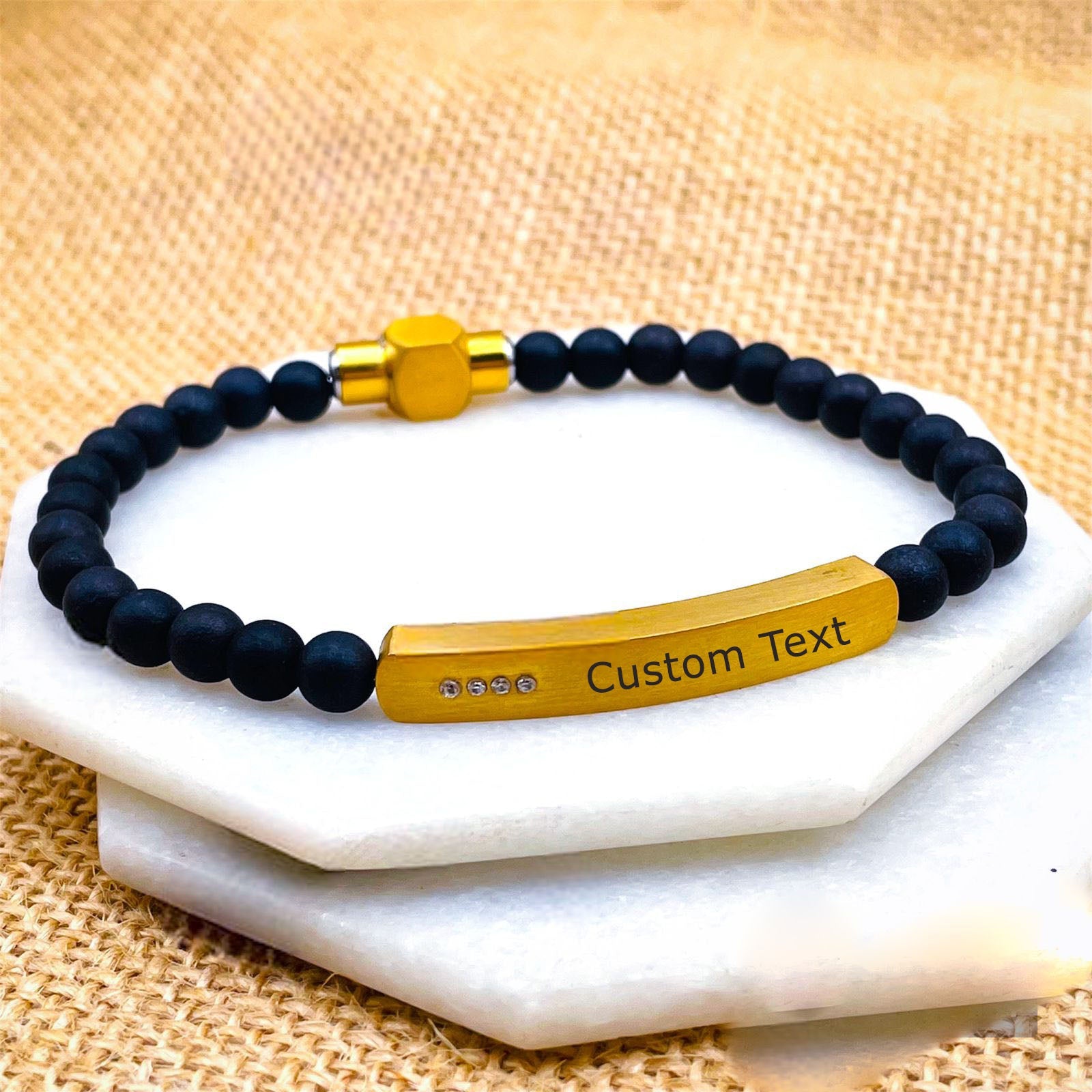 Luxury Black Beads Gold Cubic Zirconia Stainless Steel Customized Personalized Name Id Bar Bracelet For Men Main image