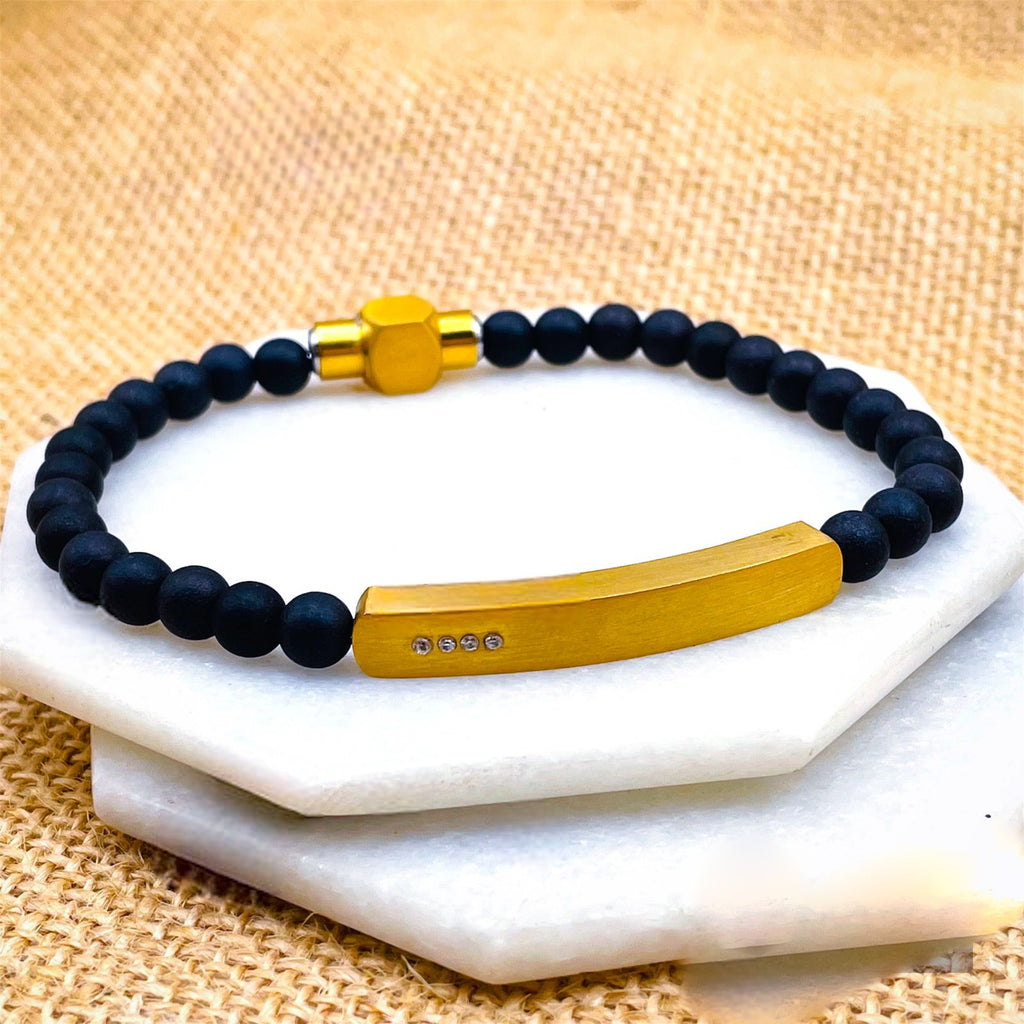 Luxury Black Beads Gold Cubic Zirconia Stainless Steel Customized Personalized Name Id Bar Bracelet For Men