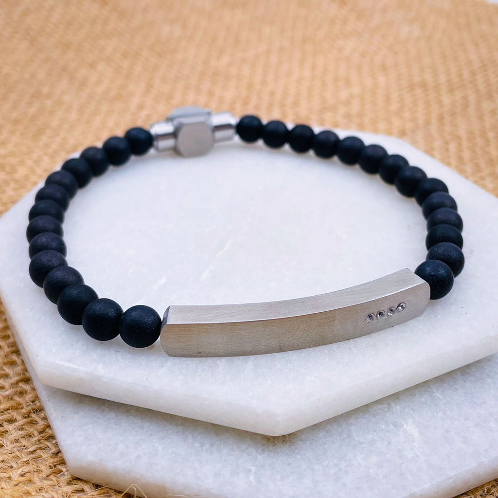 Luxury Black Beads Gold Cubic Zirconia Stainless Steel Customized Personalized Name Id Bar Bracelet For Men