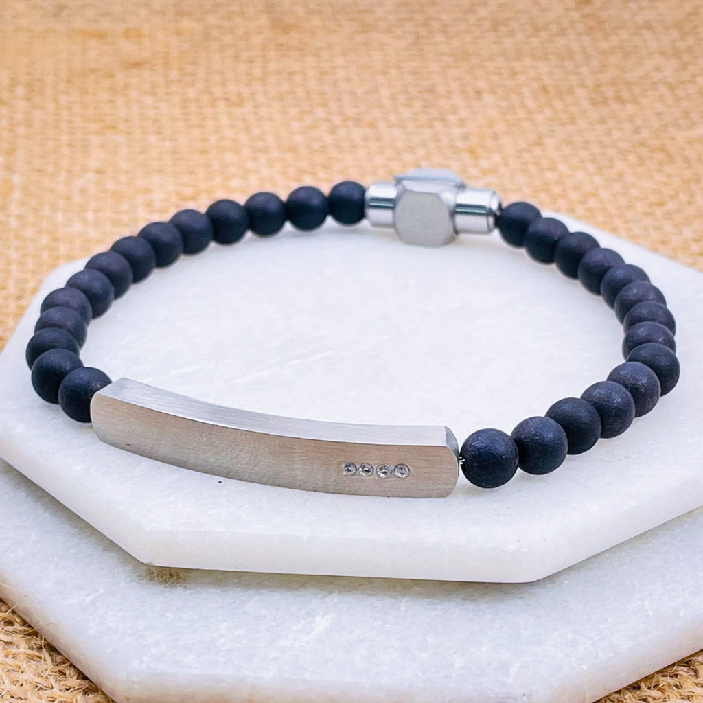 Luxury Black Beads Gold Cubic Zirconia Stainless Steel Customized Personalized Name Id Bar Bracelet For Men