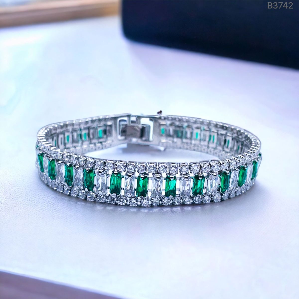 Green Emerald Baguette Cubic Zirconia Silver Tennis Bracelet Bulk