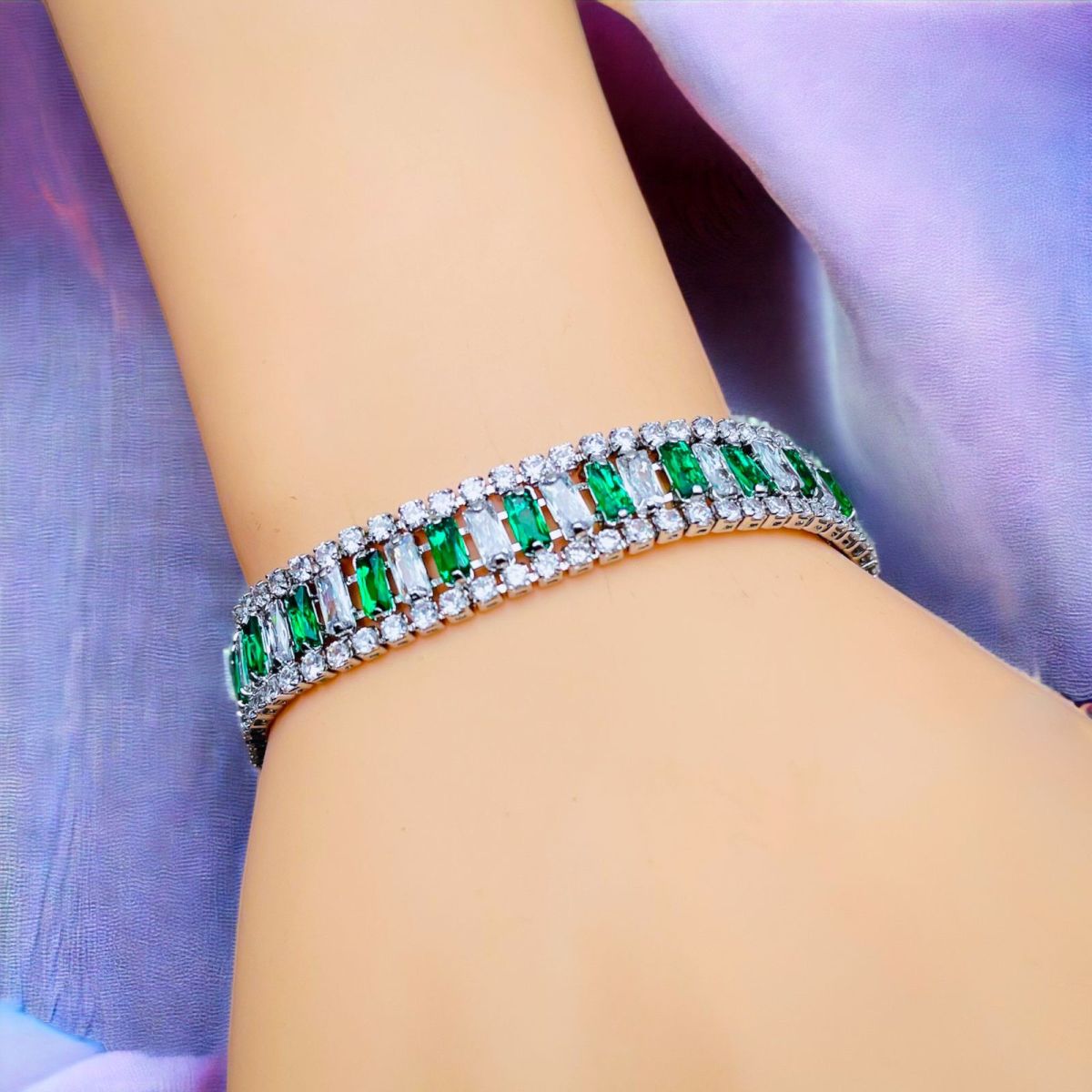 Green Emerald Baguette Cubic Zirconia Silver Tennis Bracelet Bulk