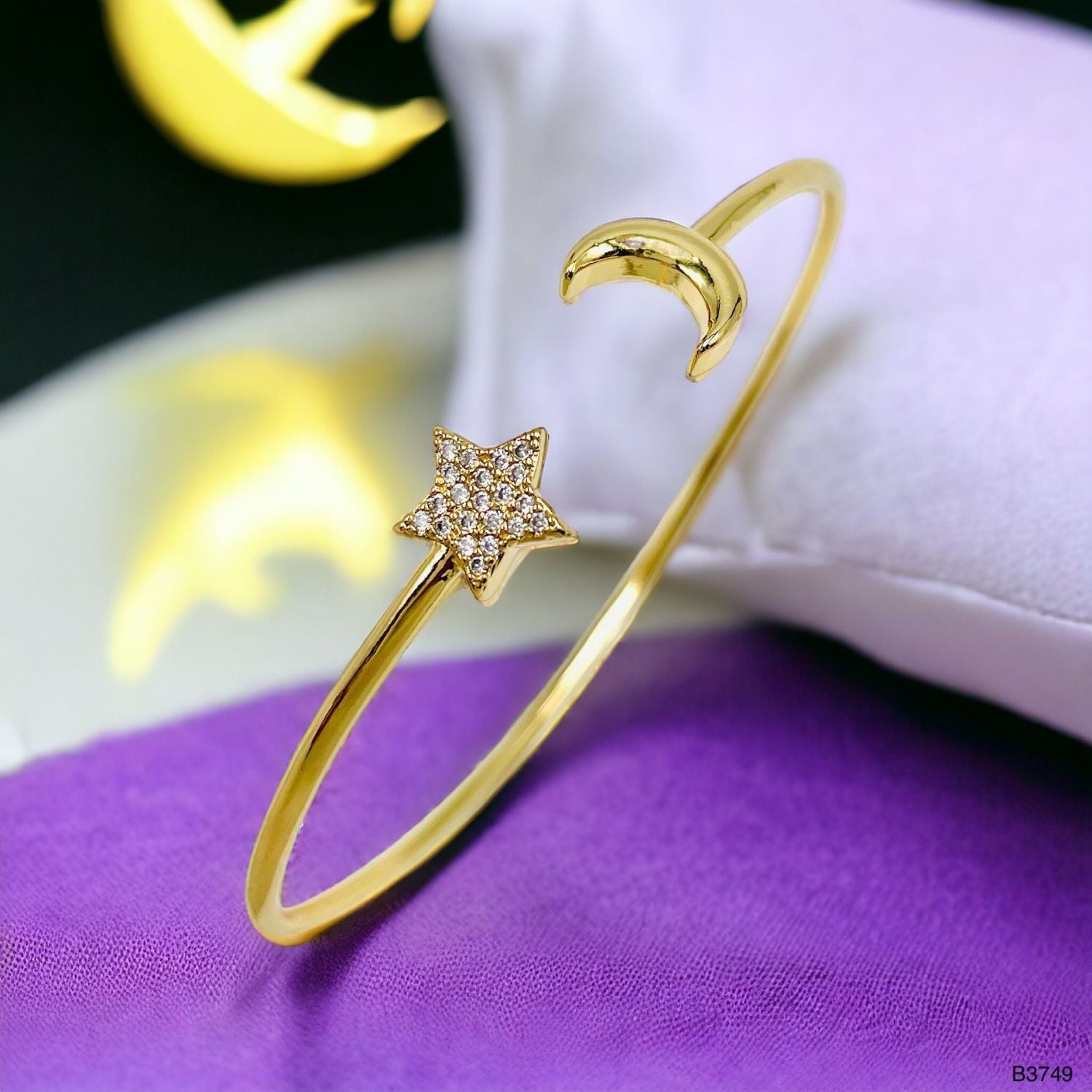 Star Moon Cubic Zirconia 18K Gold Anti Tarnish Cuff Bracelet Bulk