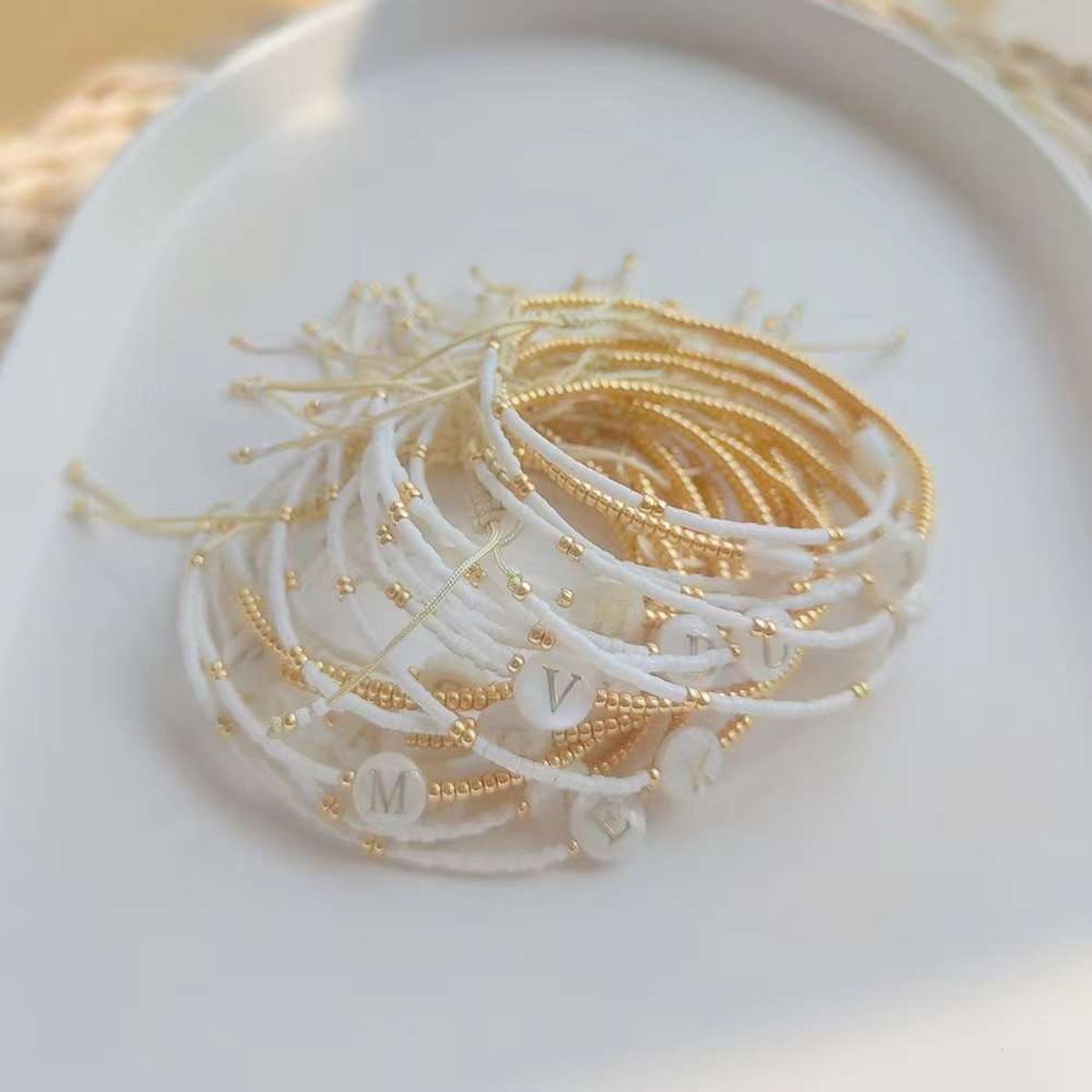 Alphabets Letter Moon Handcrafted White Thread Gold Bracelet Bulk Main image