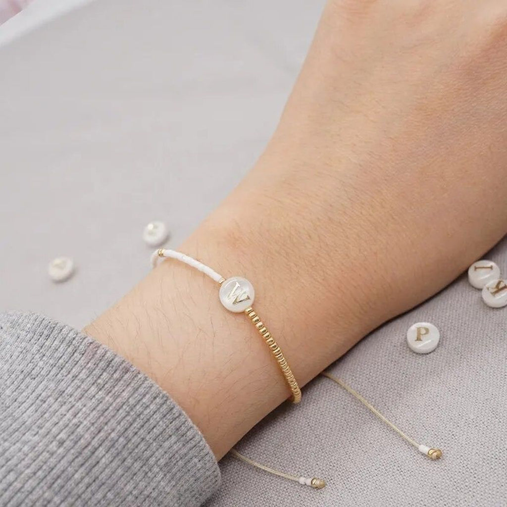 Alphabets Letter Moon Handcrafted White Thread Gold Bracelet Bulk