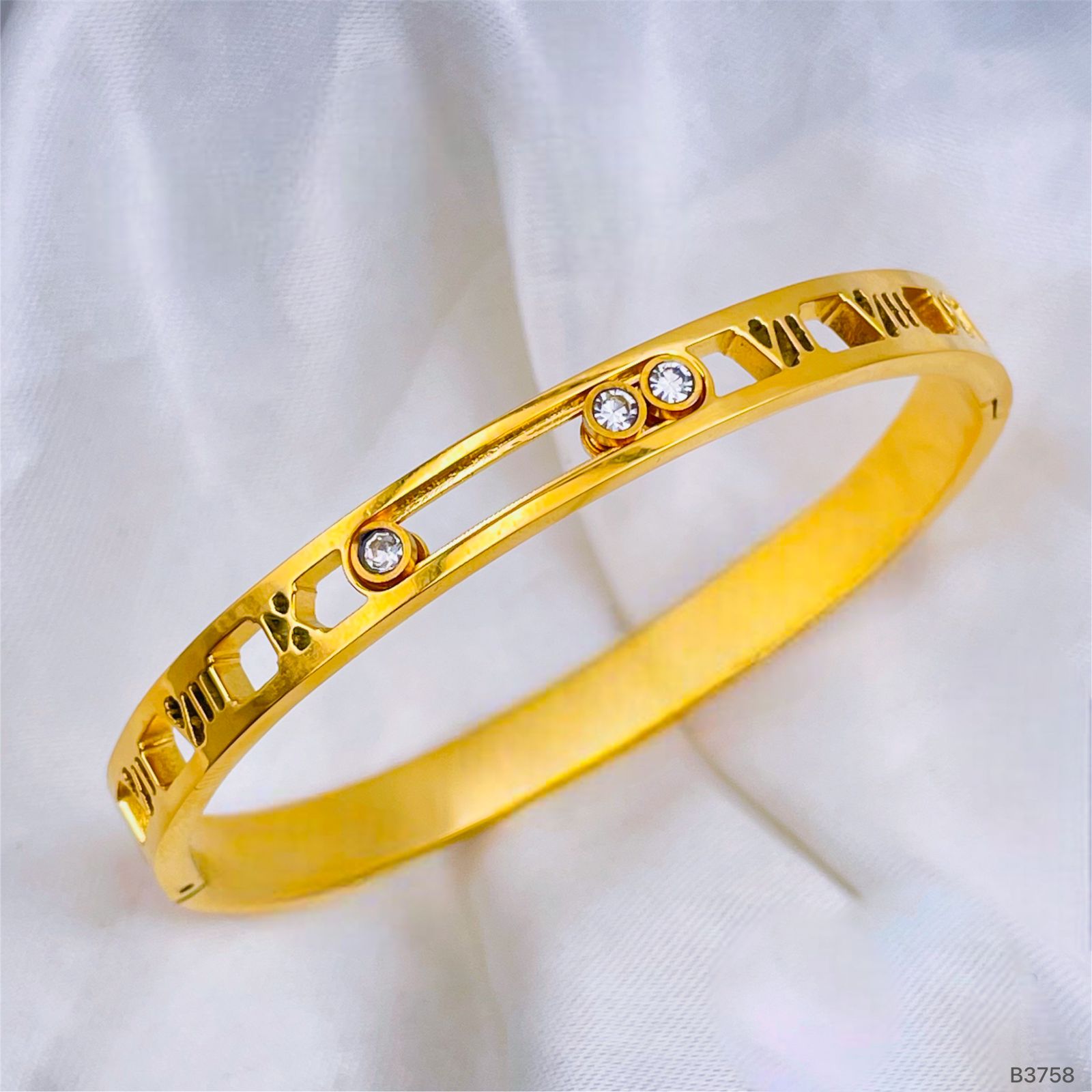 Dangling Zircons Roman Number 18K Gold Anti Tarnish Stainless Steel Openable Kada for Women Main image