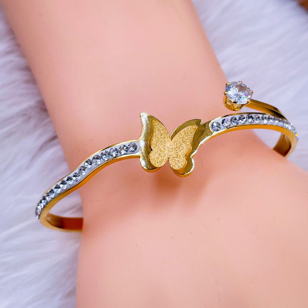 Butterfly Solitaire Cubic Zirconia 18K Gold Anti Tarnish Stainless Steel Openable Kada for Women