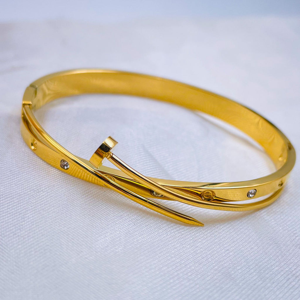 Dual Nail Gothic Screw 18K Gold Stainless Steel Openable Kada Cuff Bangle For Women