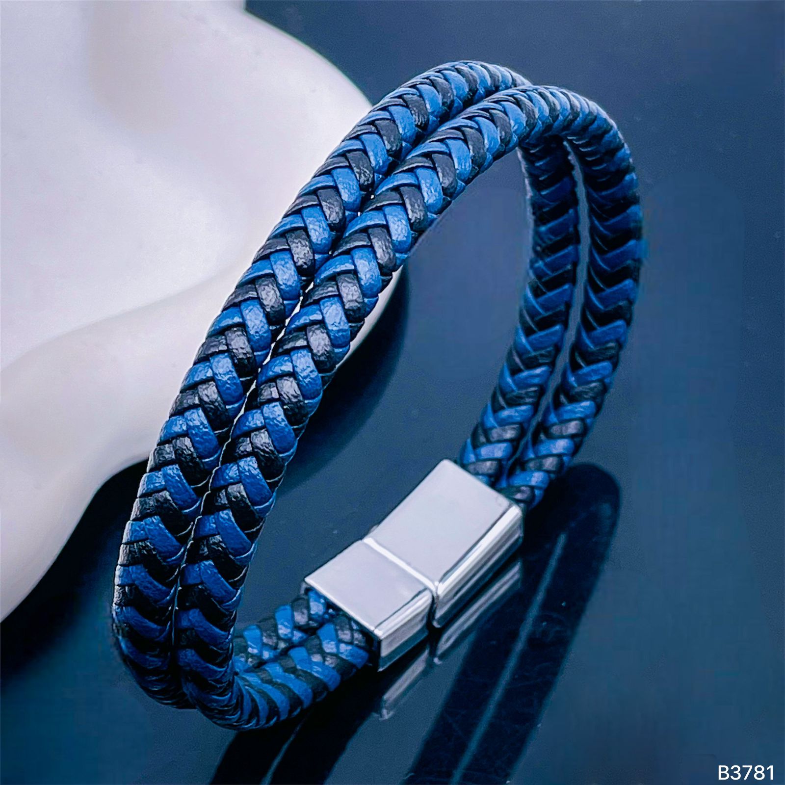 Braided Stainless Steel Blue Leather Wrist Band Strand Dual Layer Bracelet For Men Main image