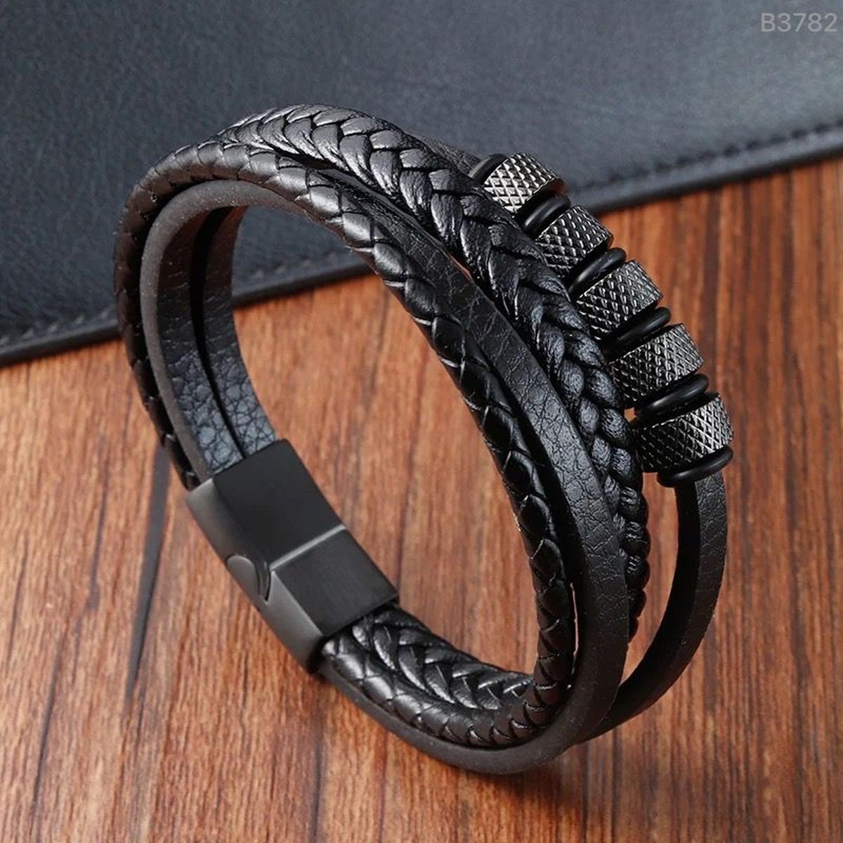 Multi-Layer Rope Ring Black Leather Stainless Steel Wrist Wrap Band Strand Bracelet For Men Main image