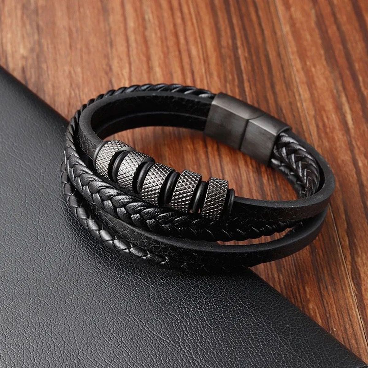 Multi-Layer Rope Ring Black Leather Stainless Steel Wrist Wrap Band Strand Bracelet For Men