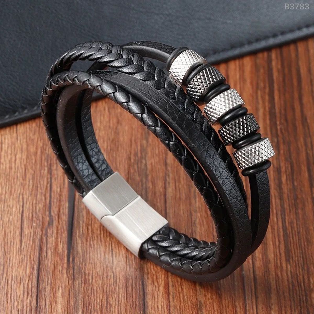 Multi-Layer Rope Ring Black Leather Stainless Steel Wrist Wrap Band Strand Bracelet For Men Secondary image
