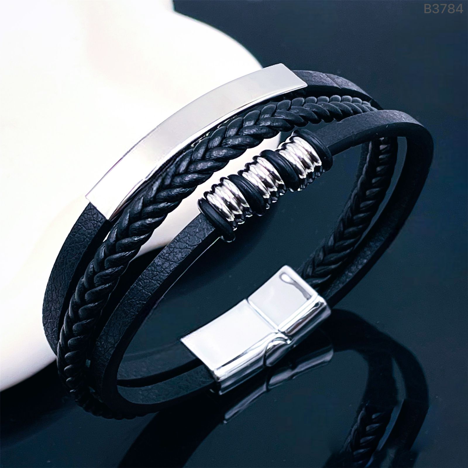 Triple Layer Rope Ring Black Silver Leather Stainless Steel Customized Personalised Laser Engraved Wrist Band Strand Bracelet For Men