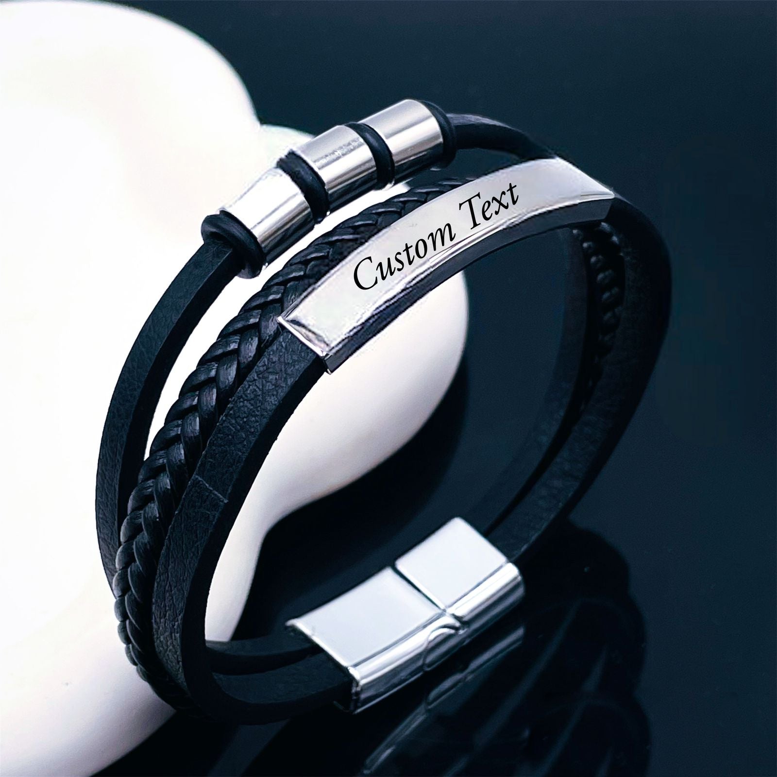 Triple Layer Rope Glossy Ring Black Silver Leather Stainless Steel Customized Personalised Laser Engraved Wrist Band Strand Bracelet For Men Main image