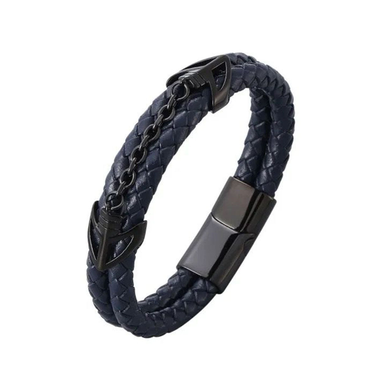 Braided Stainless Steel Black Leather Wrist Band Strand Dual Arrow Layer Bracelet For Men Main image