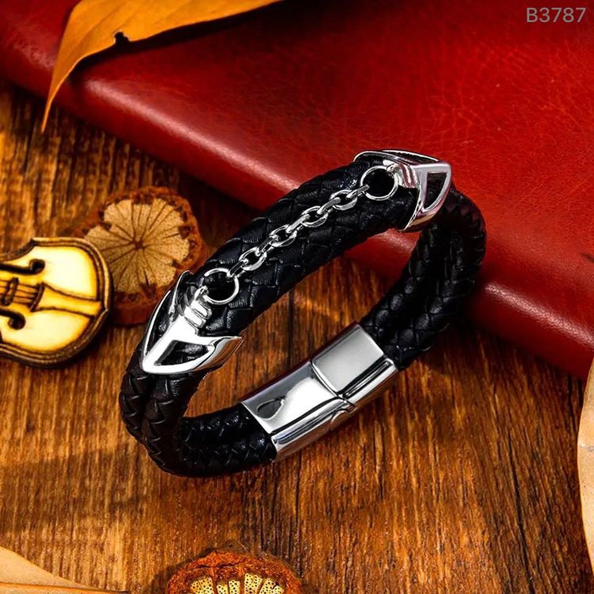 Braided Stainless Steel Black Leather Wrist Band Strand Dual Arrow Layer Bracelet For Men Secondary image