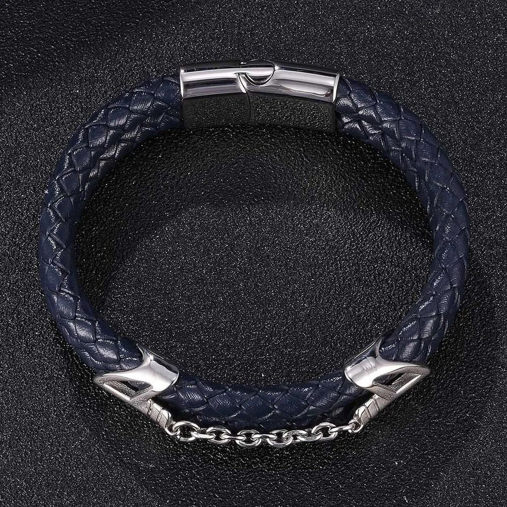Braided Stainless Steel Black Leather Wrist Band Strand Dual Arrow Layer Bracelet For Men