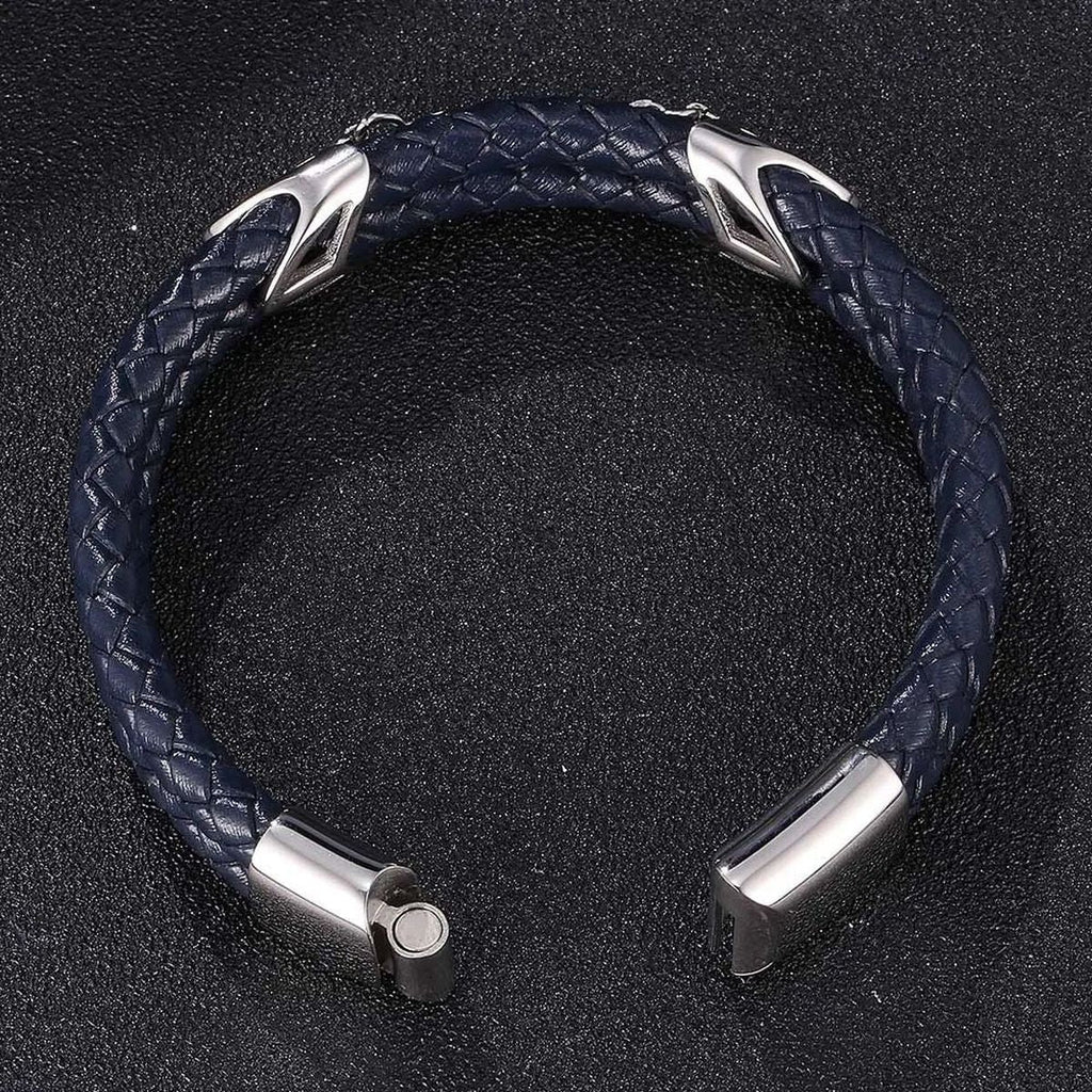 Braided Stainless Steel Black Leather Wrist Band Strand Dual Arrow Layer Bracelet For Men