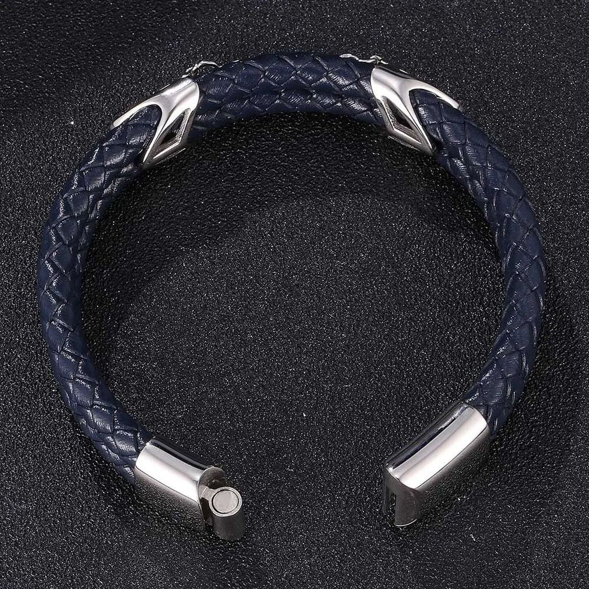 Braided Stainless Steel Black Leather Wrist Band Strand Dual Arrow Layer Bracelet For Men