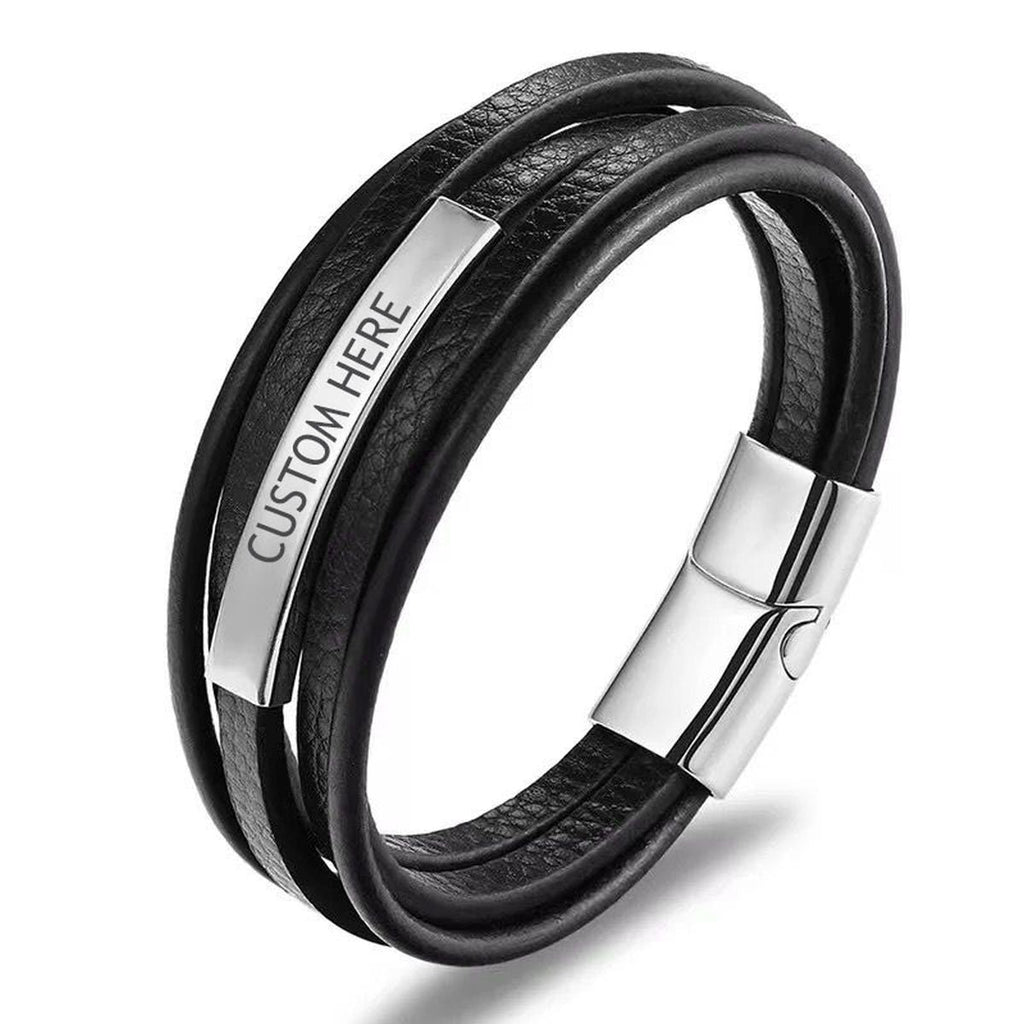 Multi-Layer Black Silver Leather Customized Personalised Laser Engraved Wrist Wrap Band Strand Id Bracelet For Men