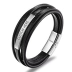 Multi-Layer Black Silver Leather Customized Personalised Laser Engraved Wrist Wrap Band Strand Id Bracelet For Men