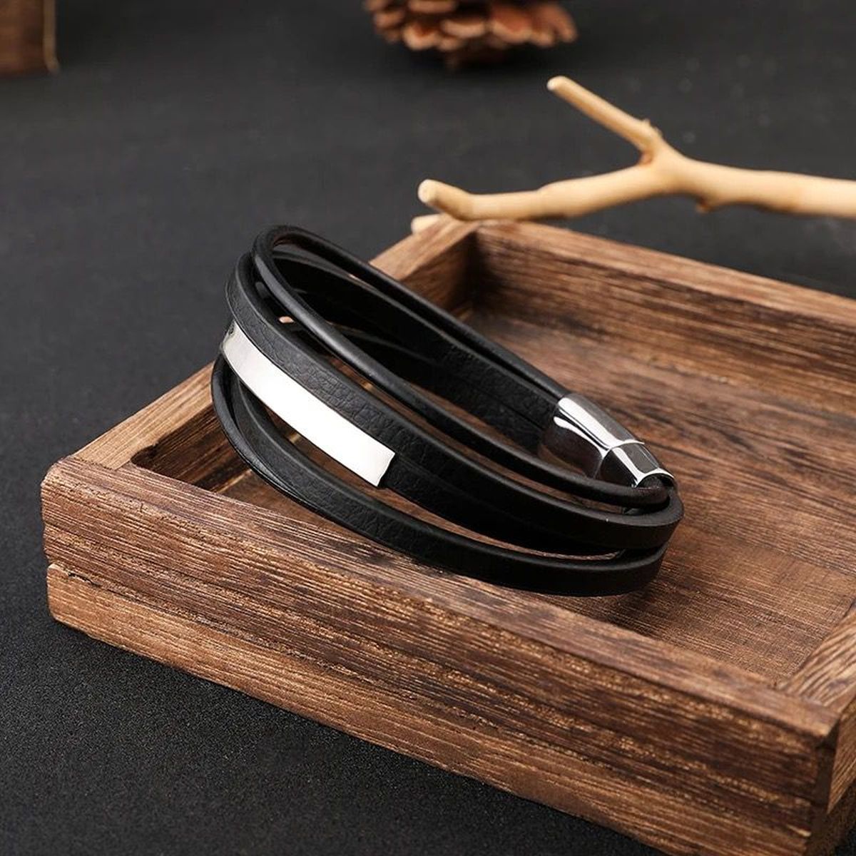 Multi-Layer Black Silver Leather Customized Personalised Laser Engraved Wrist Wrap Band Strand Id Bracelet For Men