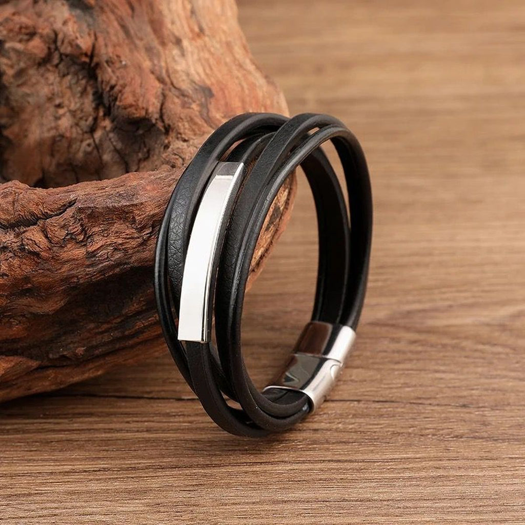 Multi-Layer Black Silver Leather Customized Personalised Laser Engraved Wrist Wrap Band Strand Id Bracelet For Men