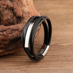 Multi-Layer Black Silver Leather Customized Personalised Laser Engraved Wrist Wrap Band Strand Id Bracelet For Men