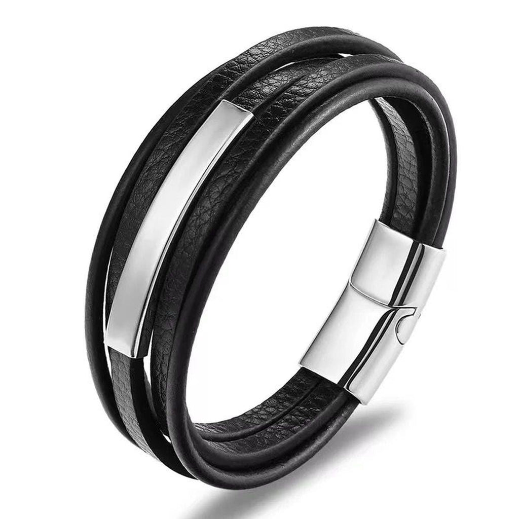 Multi-Layer Black Silver Leather Customized Personalised Laser Engraved Wrist Wrap Band Strand Id Bracelet For Men