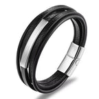 Multi-Layer Black Silver Leather Customized Personalised Laser Engraved Wrist Wrap Band Strand Id Bracelet For Men