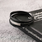 Multi-Layer Black Silver Leather Customized Personalised Laser Engraved Wrist Wrap Band Strand Id Bracelet For Men