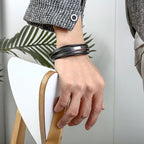 Multi-Layer Black Silver Leather Customized Personalised Laser Engraved Wrist Wrap Band Strand Id Bracelet For Men
