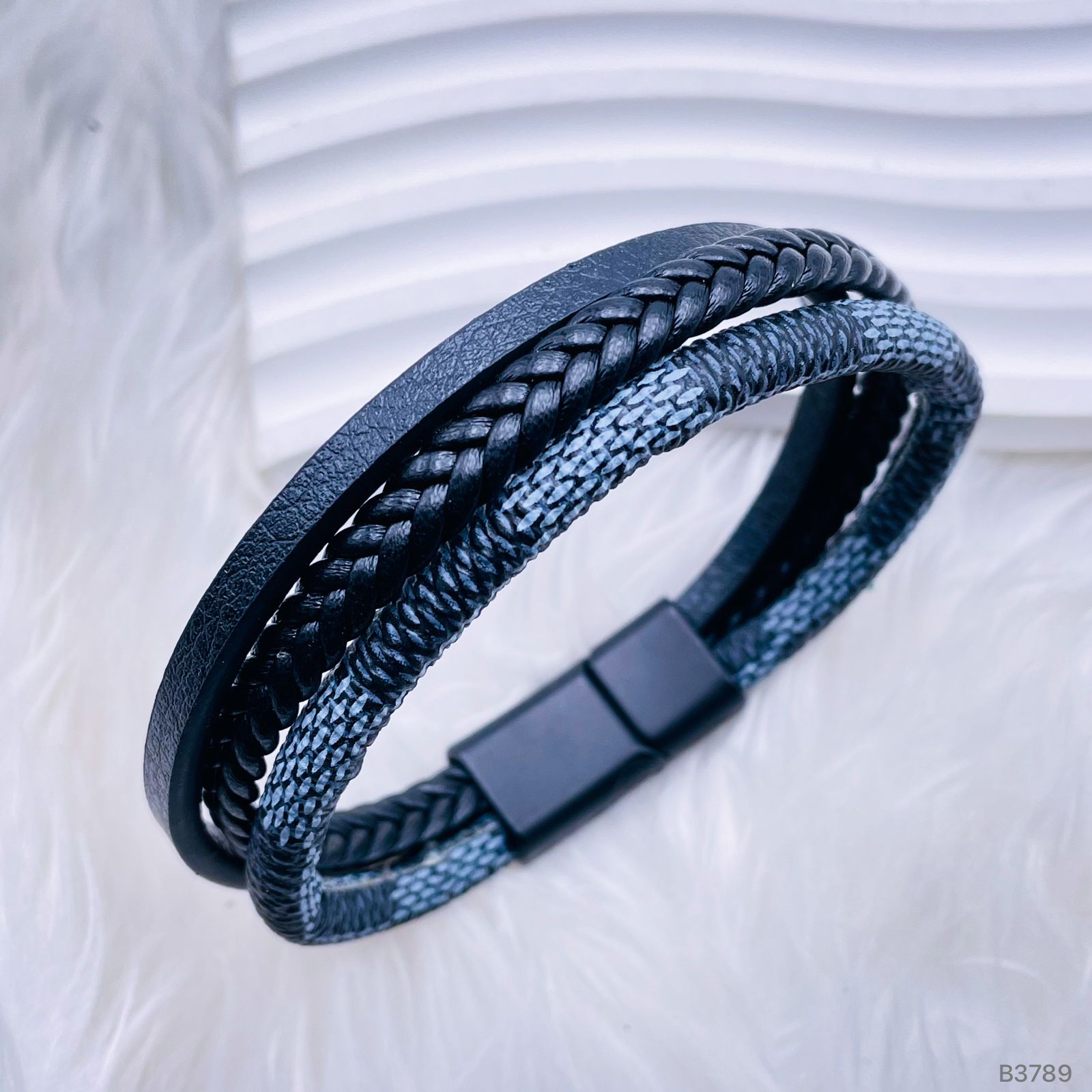 Triple Layer Rope Black Gary Leather Stainless Steel Wrist Band Strand Bracelet For Men Main image
