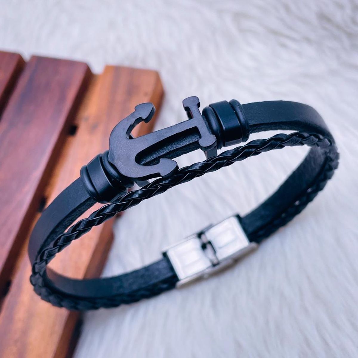 Dual Layer Anchor Rope Black Leather Stainless Steel Wrist Band Bracelet For Men Main image