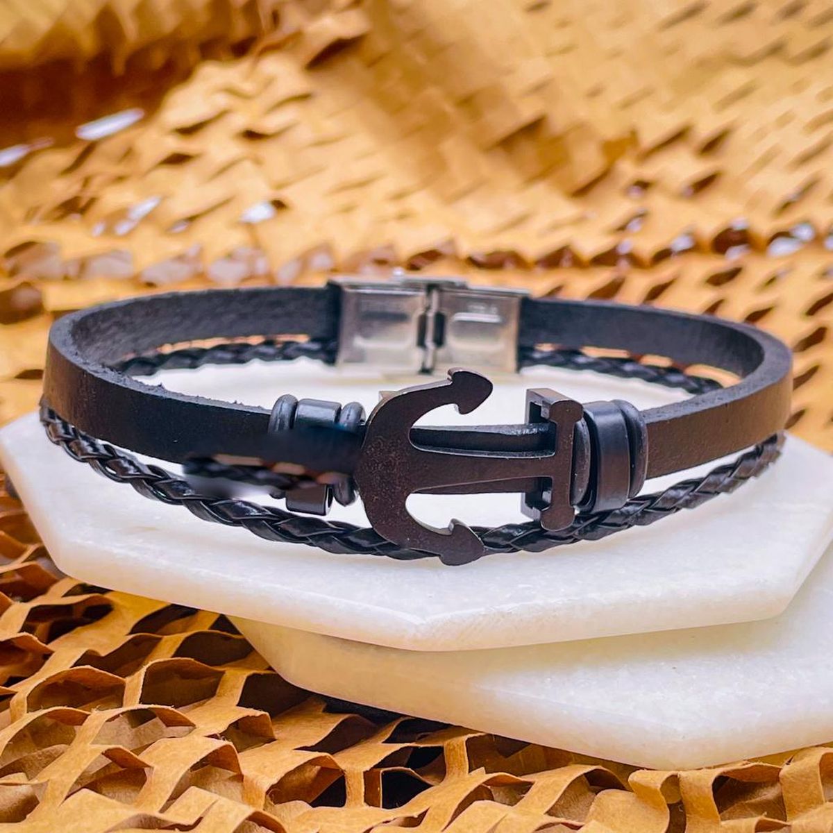 Dual Layer Anchor Rope Black Leather Stainless Steel Wrist Band Bracelet For Men