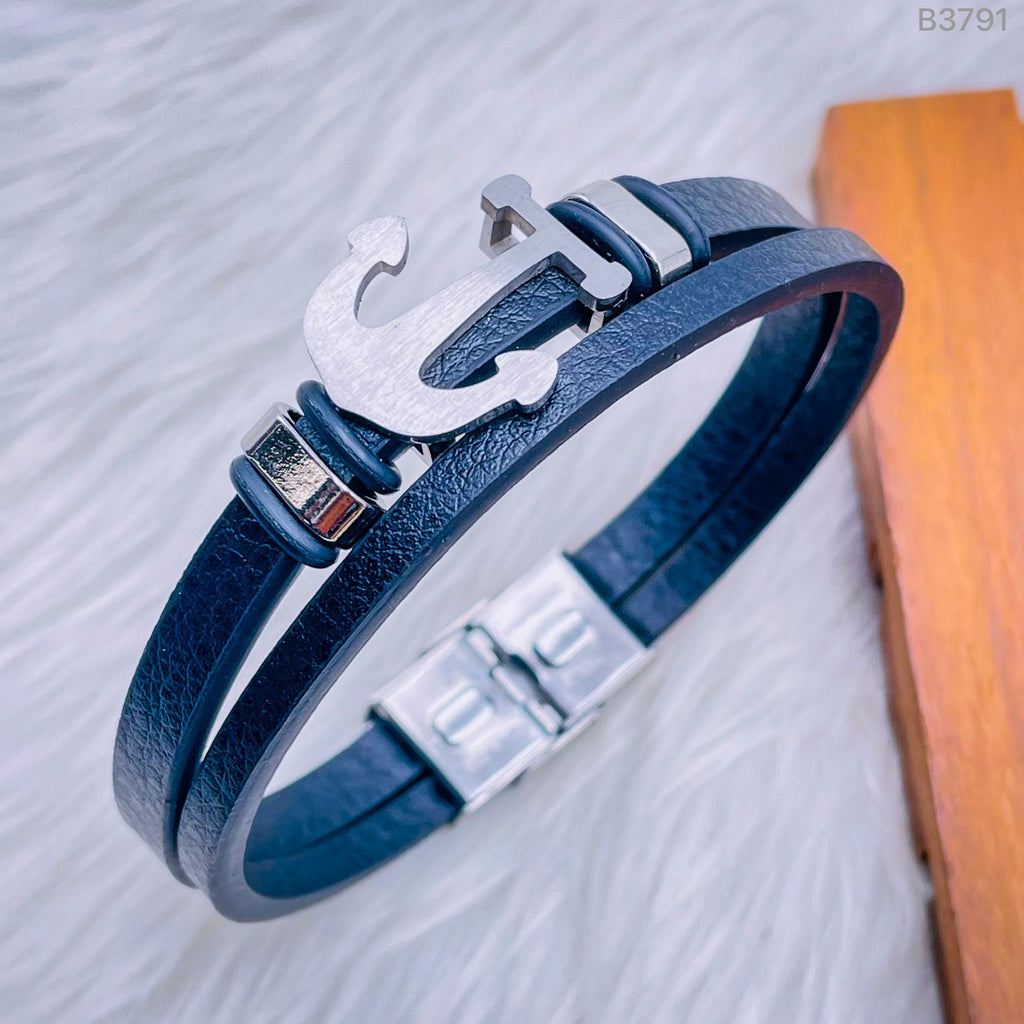 Dual Layer Anchor Rope Black Leather Stainless Steel Wrist Band Bracelet For Men