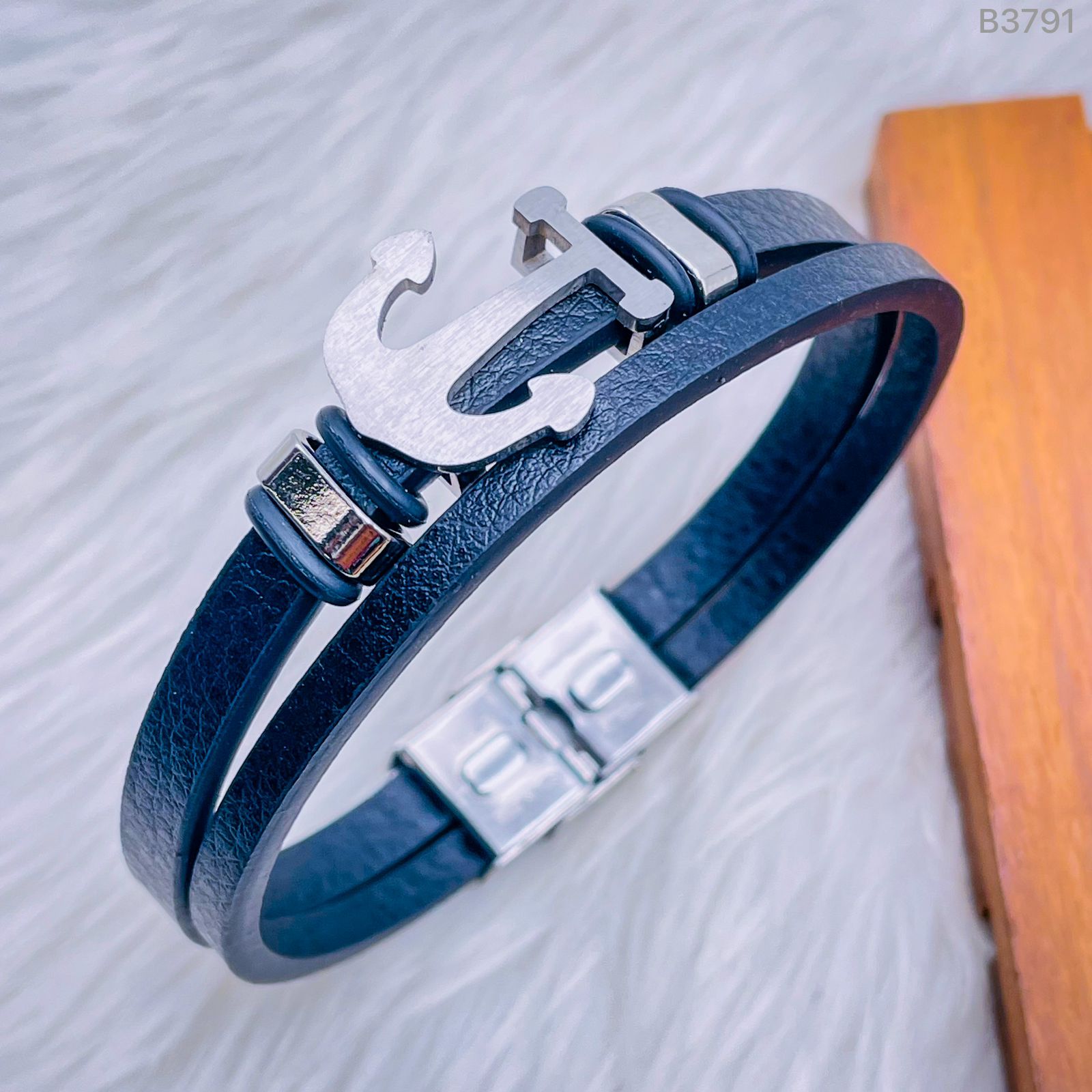 Dual Layer Anchor Rope Black Leather Stainless Steel Wrist Band Bracelet For Men