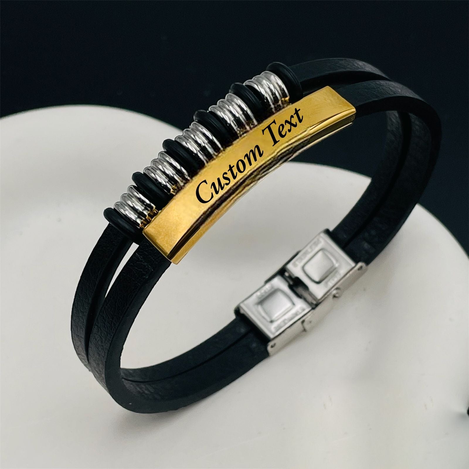 Dual Layer Anchor Black Gold Silver Ring Leather Stainless Steel Customized Personalised Laser Engraved Wrist Band Id Bracelet For Men Main image