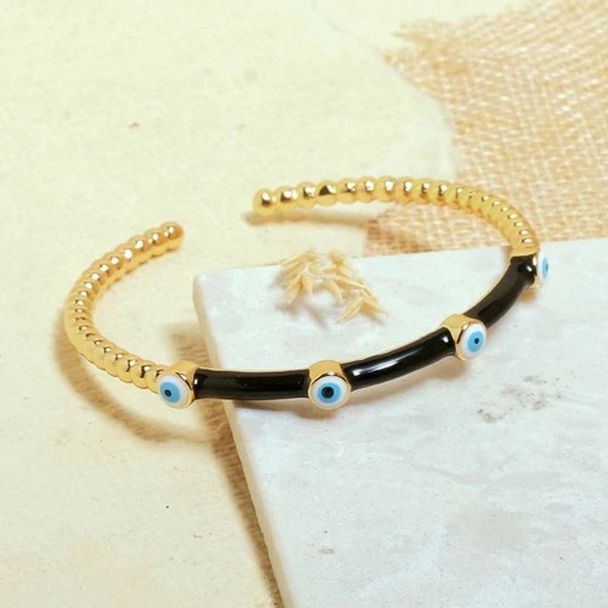 Evil Eye Black Enamel 18K Gold Anti Tarnish Cuff Kada Bangle Bulk