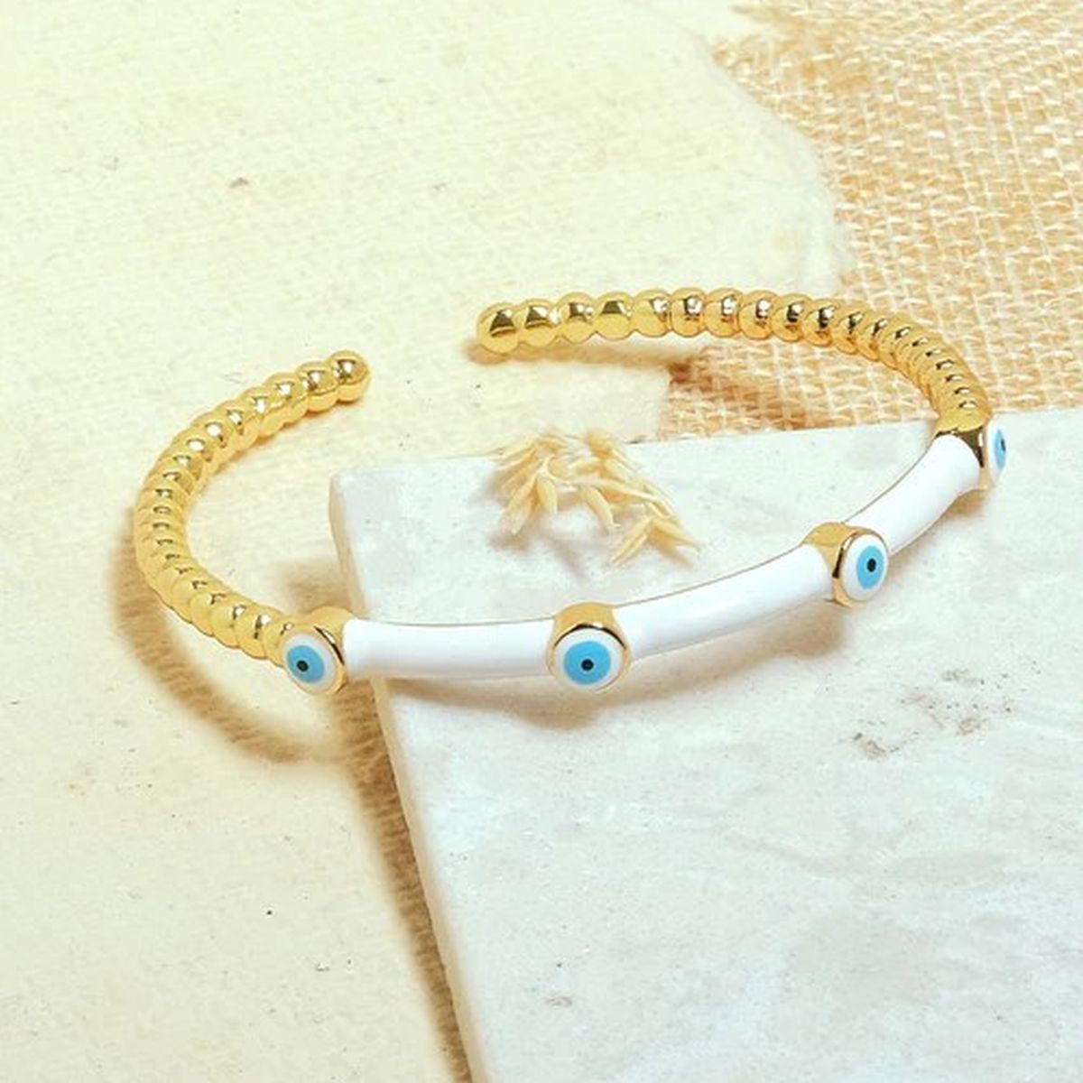 Evil Eye Black Enamel 18K Gold Anti Tarnish Cuff Kada Bangle Bulk