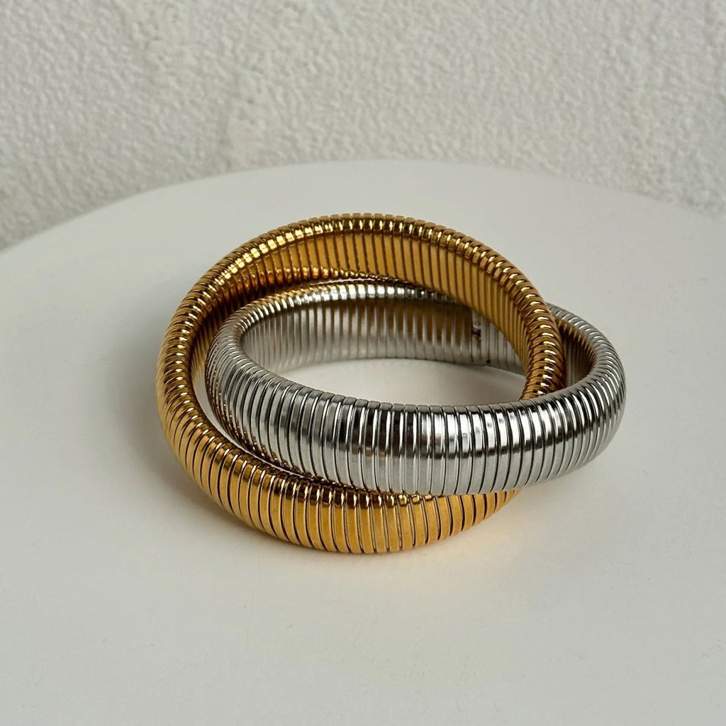 12mm Dual Layer Stretchable Snake Elastic Silver Anti Tarnish Stainless Steel Bangle Bracelet for Women