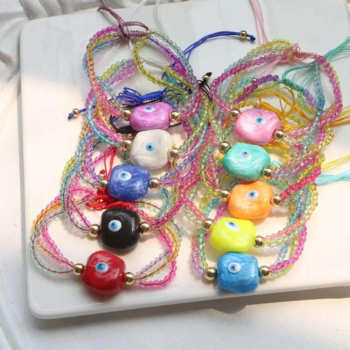 White Evil Eye Multi Crystal Beads Adjustable Thread Bracelet Bulk
