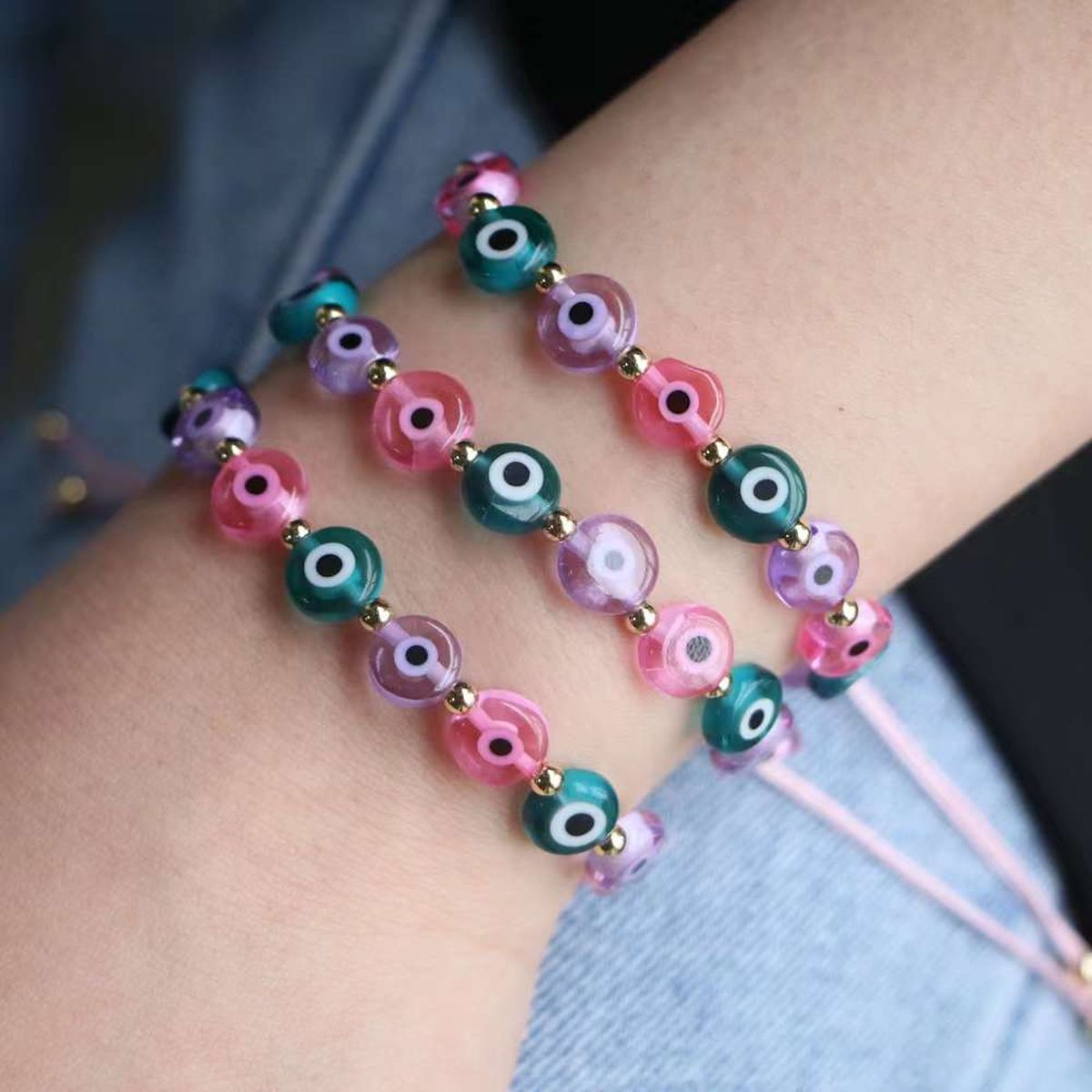 Pink Green Evil Eye Glass Beads Adjustable Thread Bracelet Women Bulk Secondary image