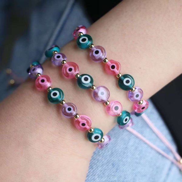 Pink Green Evil Eye Glass Beads Adjustable Thread Bracelet Women Bulk Secondary image