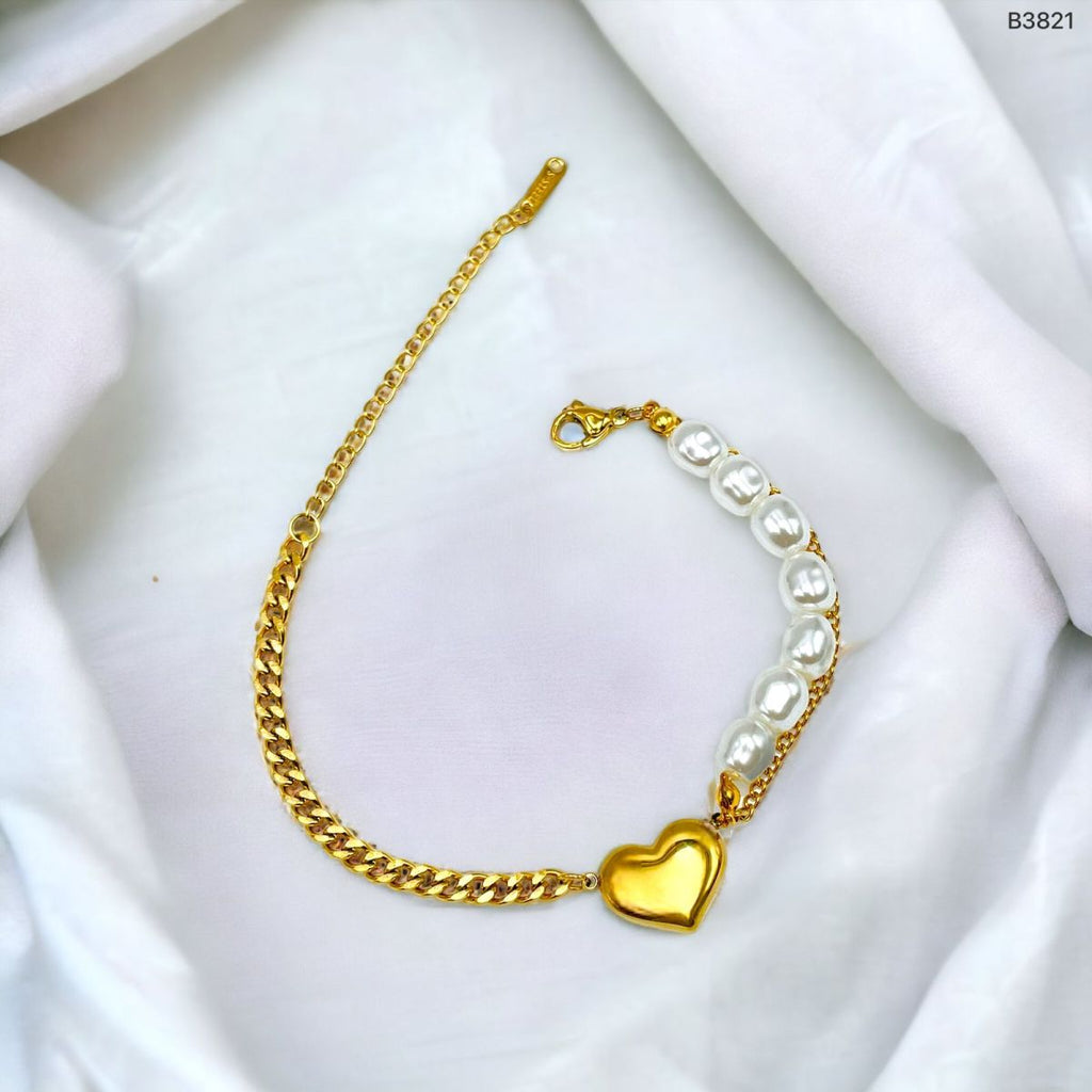 Heart Love Pearl Curb 18K Gold Stainless Steel Bracelet for Women