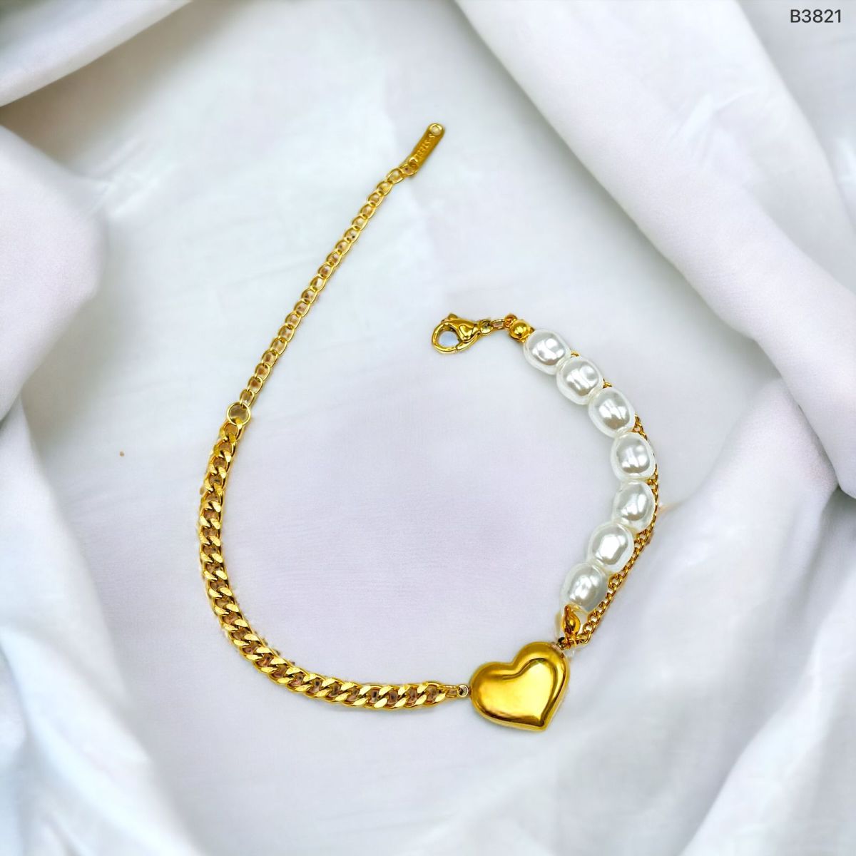 Heart Love Pearl Curb 18K Gold Stainless Steel Bracelet for Women