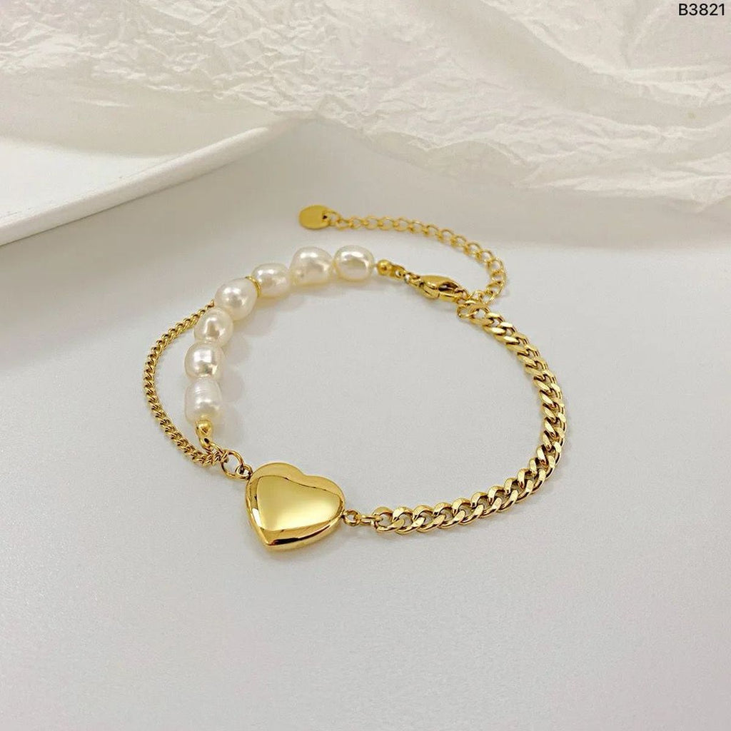 Heart Love Pearl Curb 18K Gold Stainless Steel Bracelet for Women