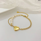 Heart Love Pearl Curb 18K Gold Stainless Steel Bracelet for Women