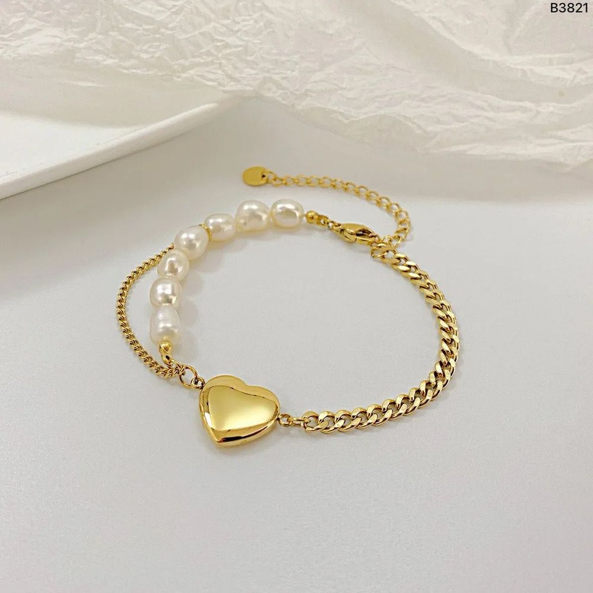 Heart Love Pearl Curb 18K Gold Stainless Steel Bracelet for Women