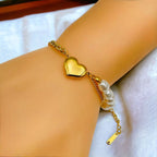Heart Love Pearl Curb 18K Gold Stainless Steel Bracelet for Women